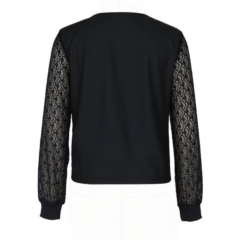 BUTTON V-NECK T-SHIRT LACE PATCHWORK KNIT TOP