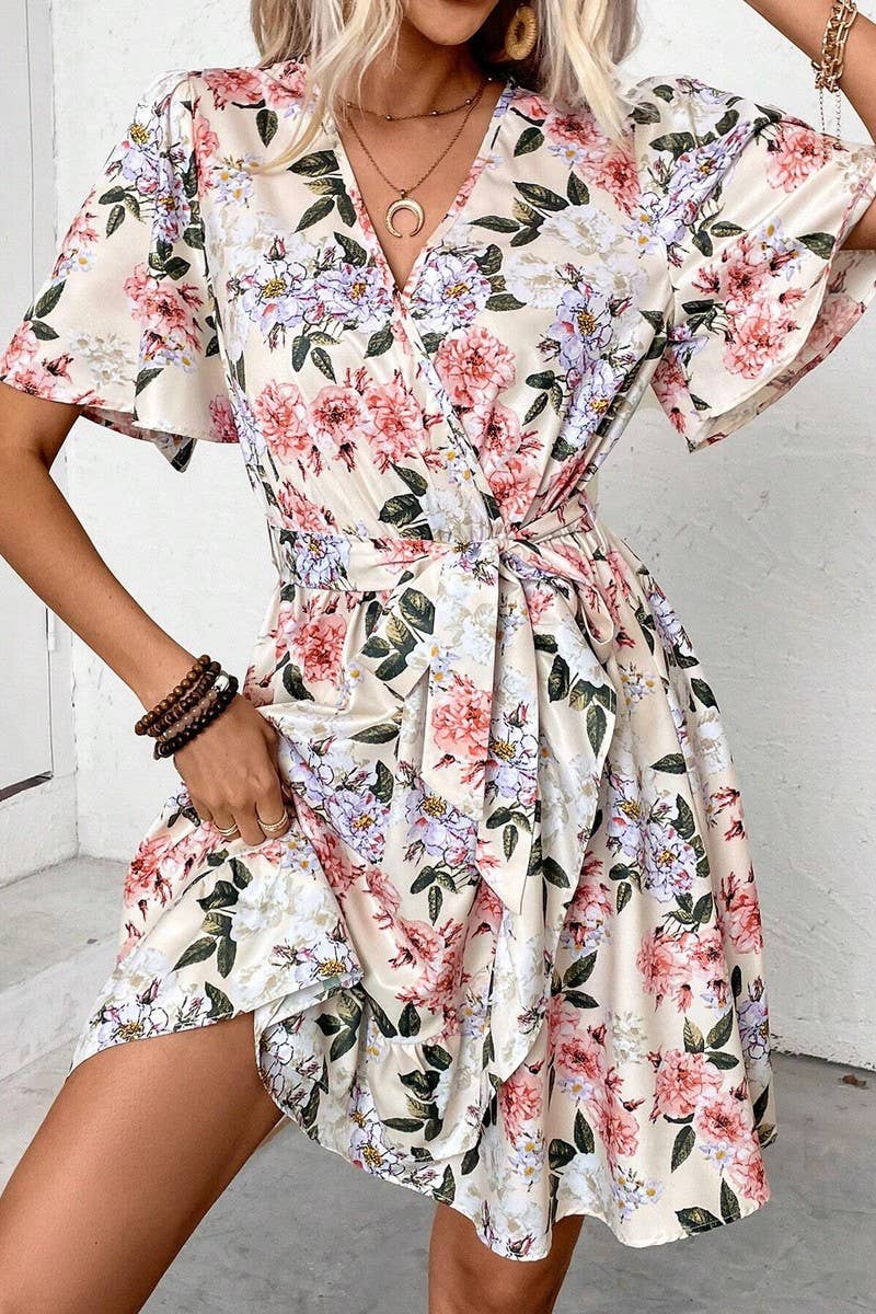 CWDSD6949_FLORAL PRINT V-NECK RUFFLE SLEEVES BELT DRESS