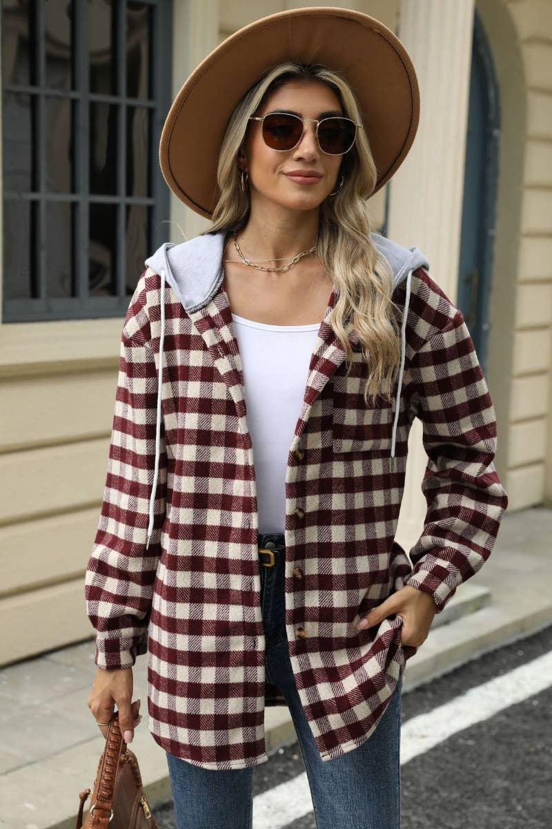 CWOCO0568_FALL PLAID HOODED PATCHWORK WOOLEN COAT