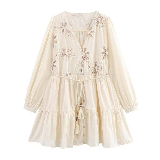 Floral Embroidery MiniDress with Drawstring Cutout