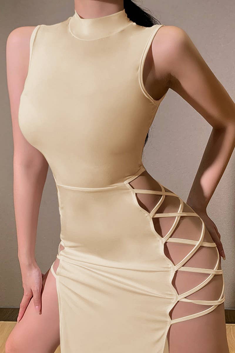 CWDSD7950_SLEEVELESS BODYCON TURTLENECK SPLIT MIDI DRESS