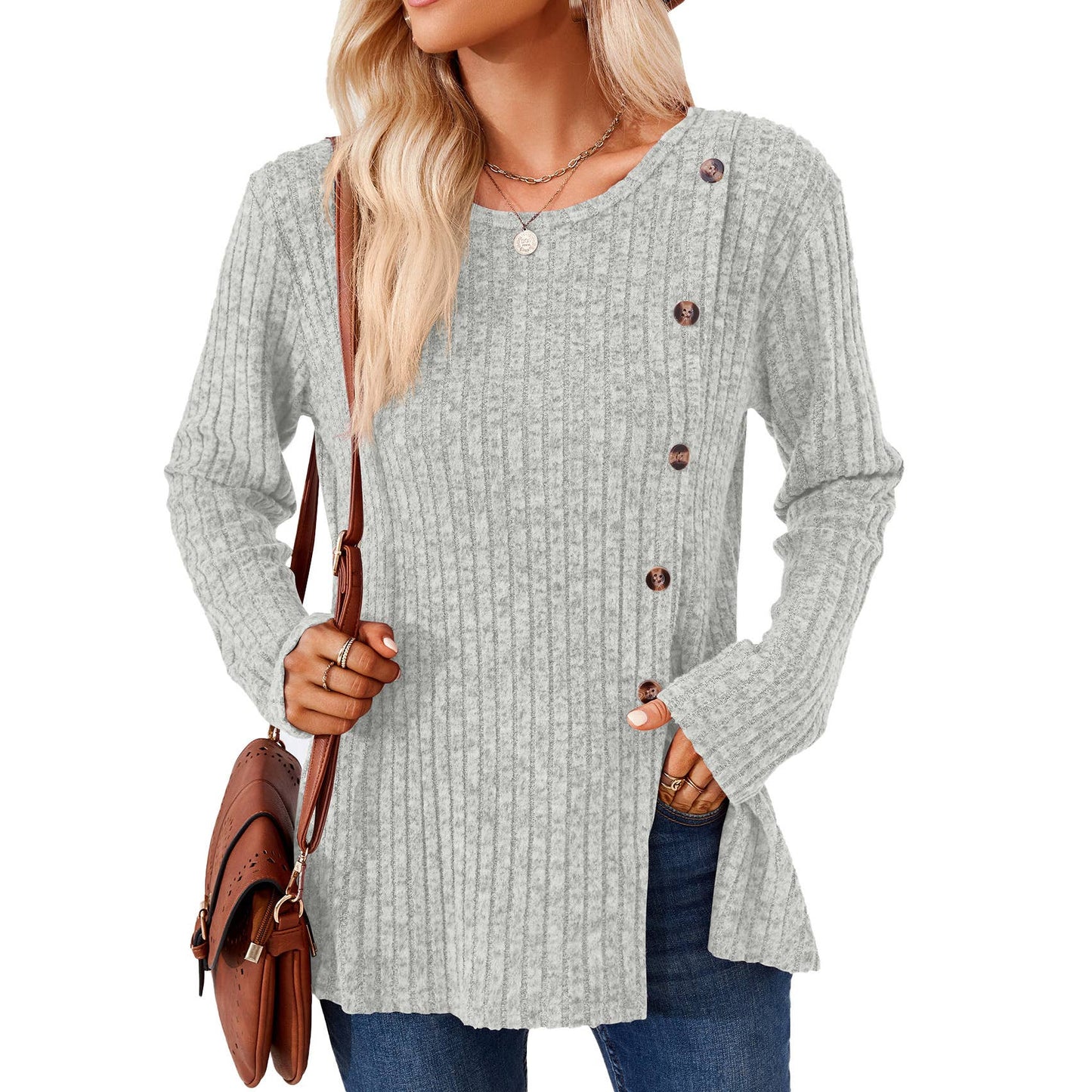 CREW-NECK BUTTON-UP LONG-SLEEVED LOOSE T-SHIRT