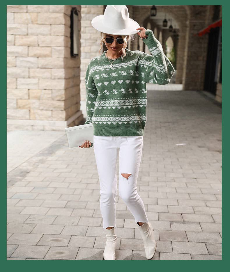 Crew-neck red knit Christmas snowflake sweater