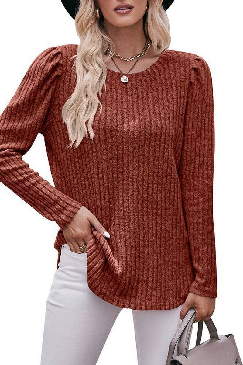 CWTBLL1832_ROUND NECK PUFF SLEEVE RIBBED SOLID COLOR TOP