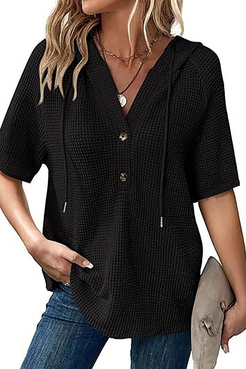 CWTBLS1773_WAFFLE DRAWSTRING HOODED SHORT-SLEEVED TOP