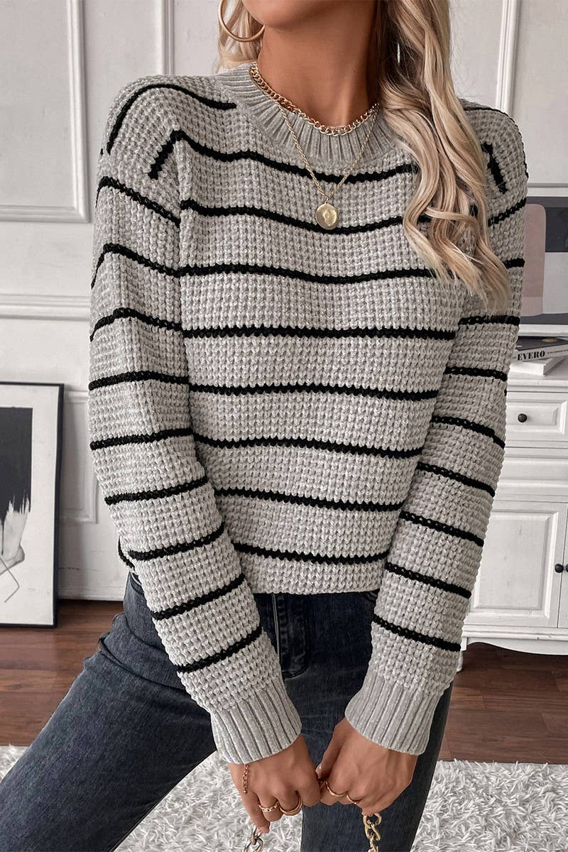 CWOSWL2910_CHENILLE CASUAL KNITTED STRIPED SWEATER