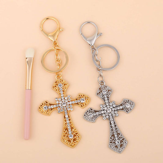 INLAID DIAMOND CROSS METAL KEYCHAIN