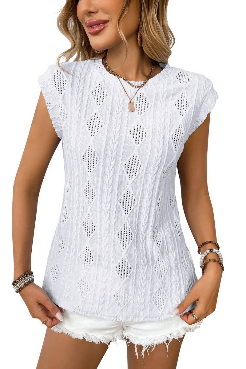 CWTBLS1615_ROUND NECK JACQUARD LOOSE T-SHIRT VEST