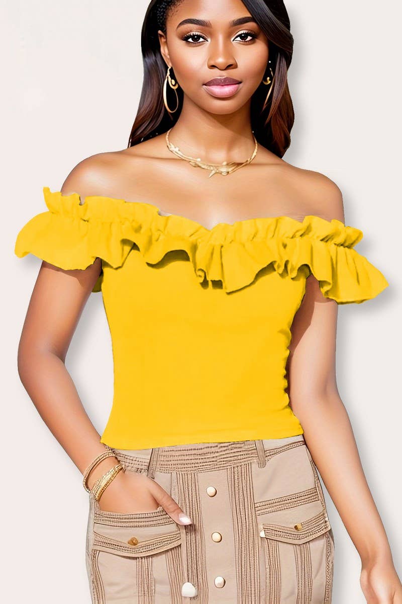 CWTBLS1911_OFF SHOULDER RUFFLE TRIM SOLID COLOR TOP