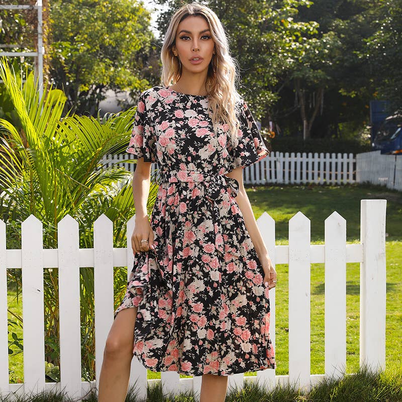 FLORAL CREW NECK LACE-UP PLEATED DRESS