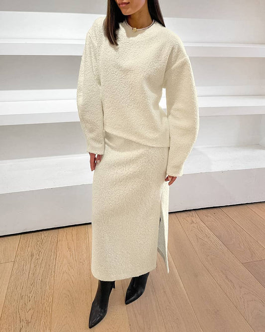 CWSTB1404_LAMB FLEECE HOODIE HIGH WAIST SPLIT SKIRT SET