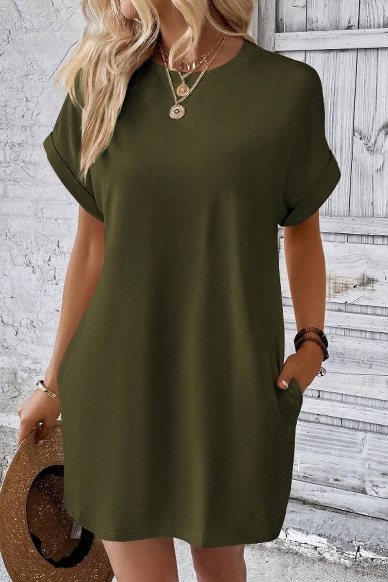 CWDSD3628_SOLID COLOR ROUND NECK LOOSE POCKET SHORT DRESS