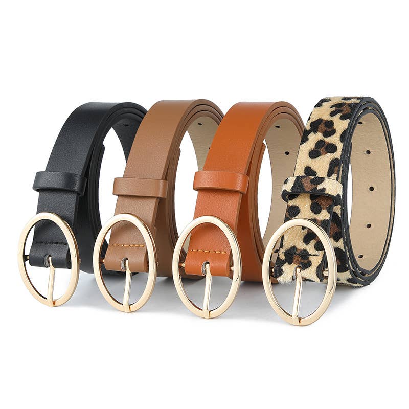 LEOPARD PRINT PU LEATHER BELT WITH ROUND BUCKLE