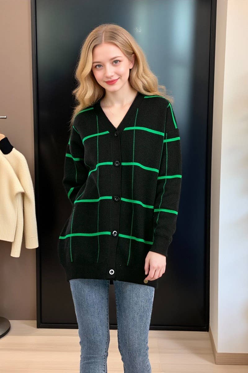 CWOCAL00671_STRIPED PLAID LOOSE KNIT CARDIGAN SWEATER