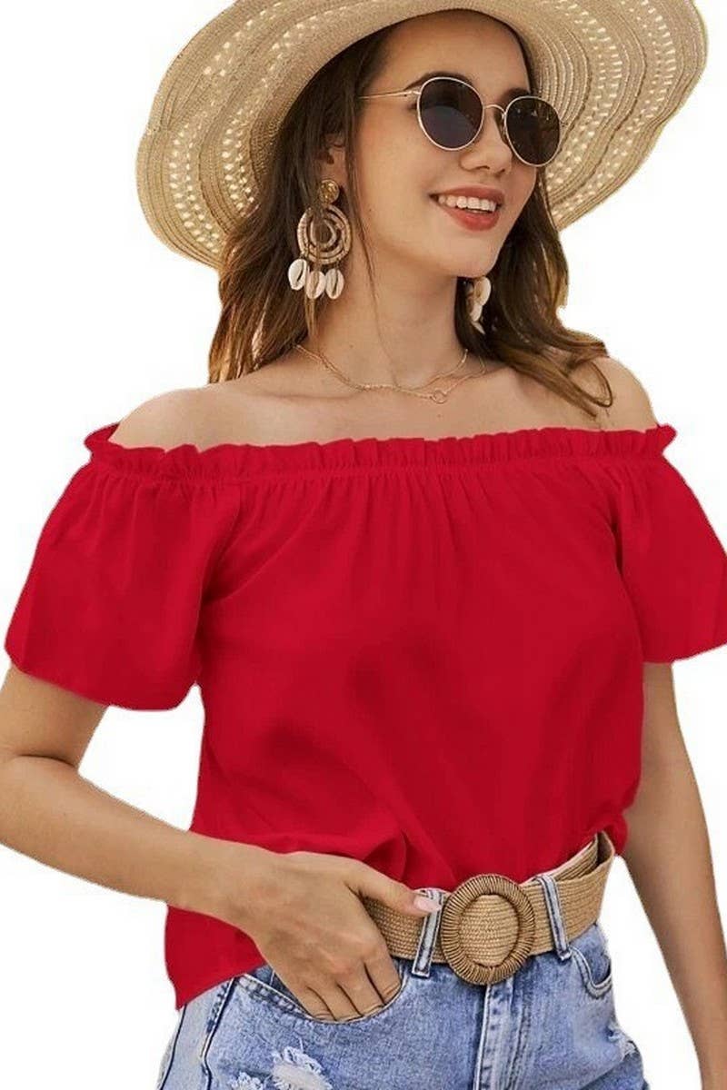 CWTBLS1493_SOLID COLOR OFF-SHOULDER RUFFLE SHIRT TOP