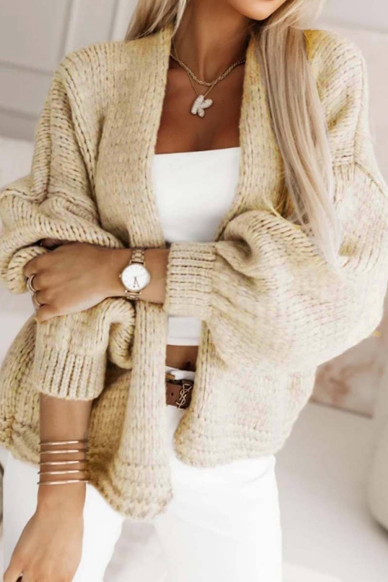 CWOCAL00728_SOLID CHUNKY KNIT V NECK LANTERN SLEEVE CARDIGAN