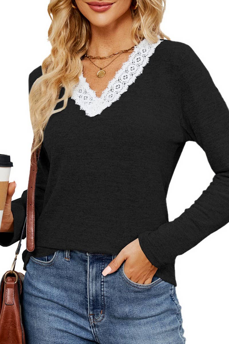 CWTBLL2385_V-NECK LACE LONG-SLEEVED LOOSE PULLOVER