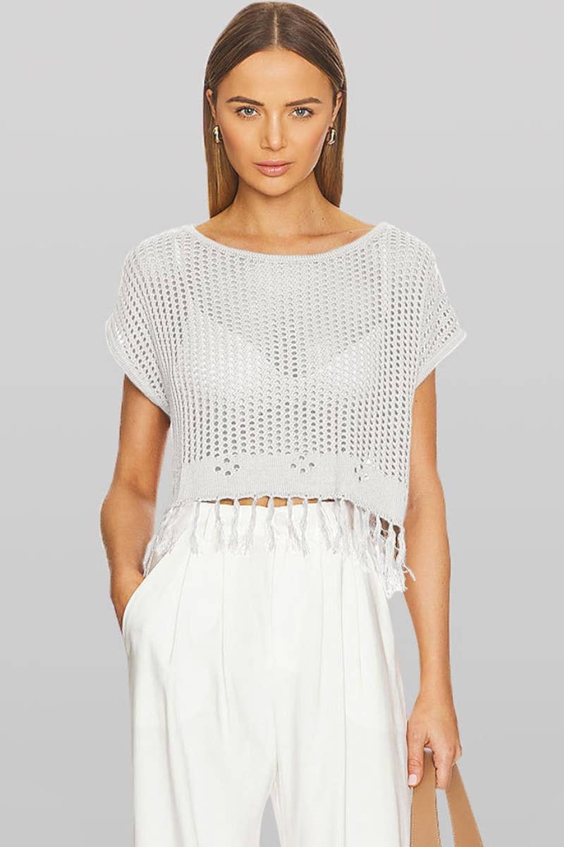 CWTBLS0743_KNITTED CREW NECK SHORT SLEEVE BEACH FRINGE TOP