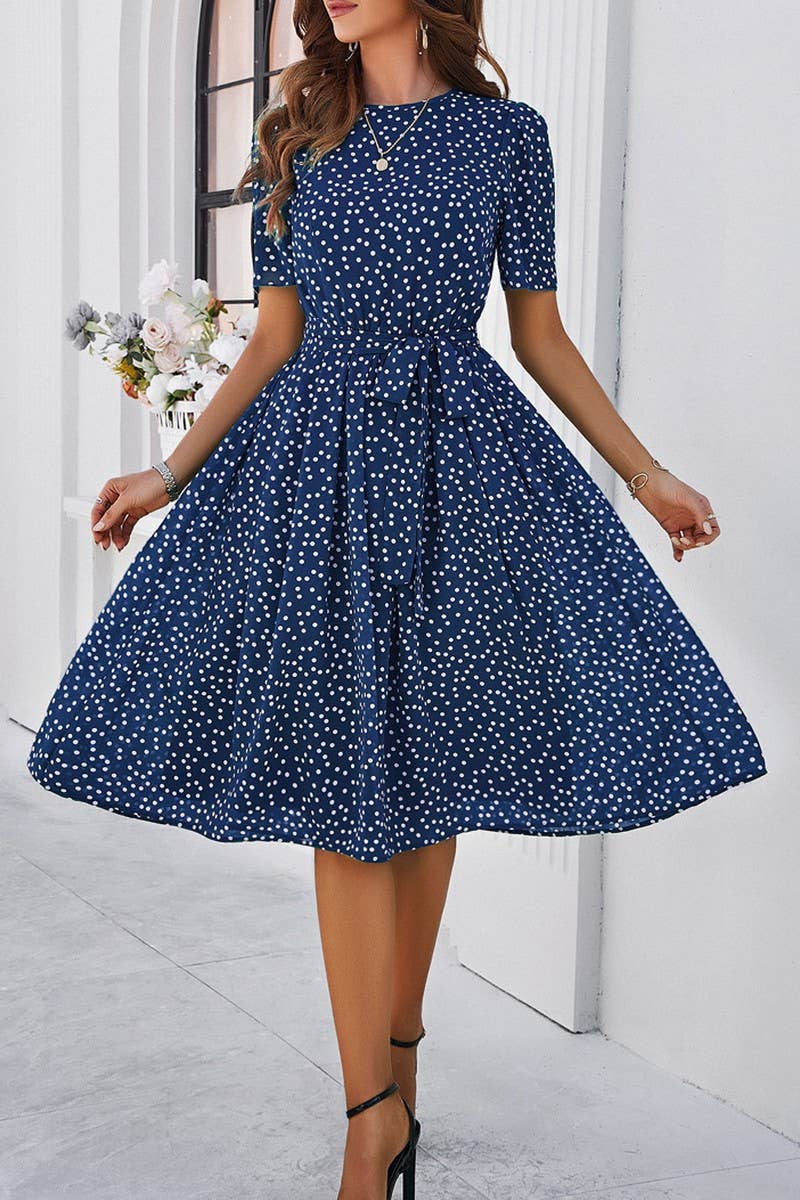 CWDSD7139_TEMPERAMENT CASUAL POLKA DOT LACE-UP PRINT DRESS