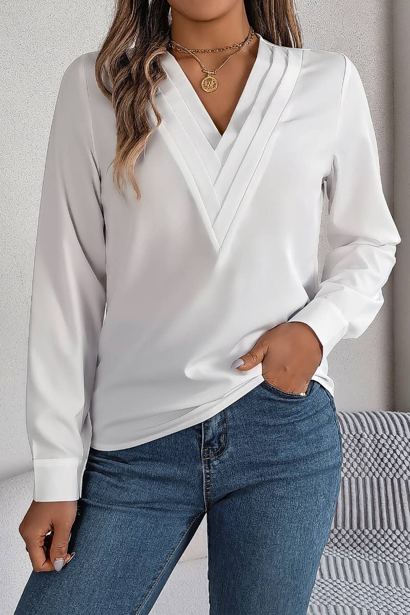 CWTBLL2646_AUTUMN SOLID COLOR V-NECK LONG SLEEVE SHIRT TOP