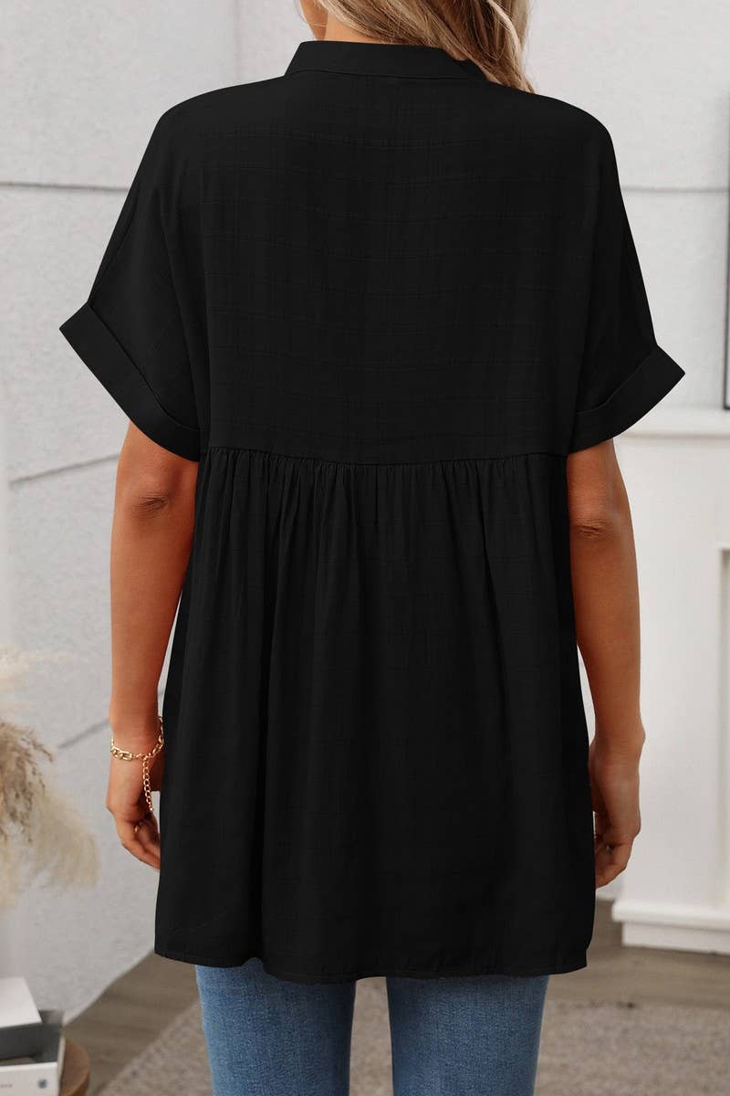 CWTBLS1720_V-NECK STRIPED LOOSE CHECK SHORT-SLEEVED SHIRT