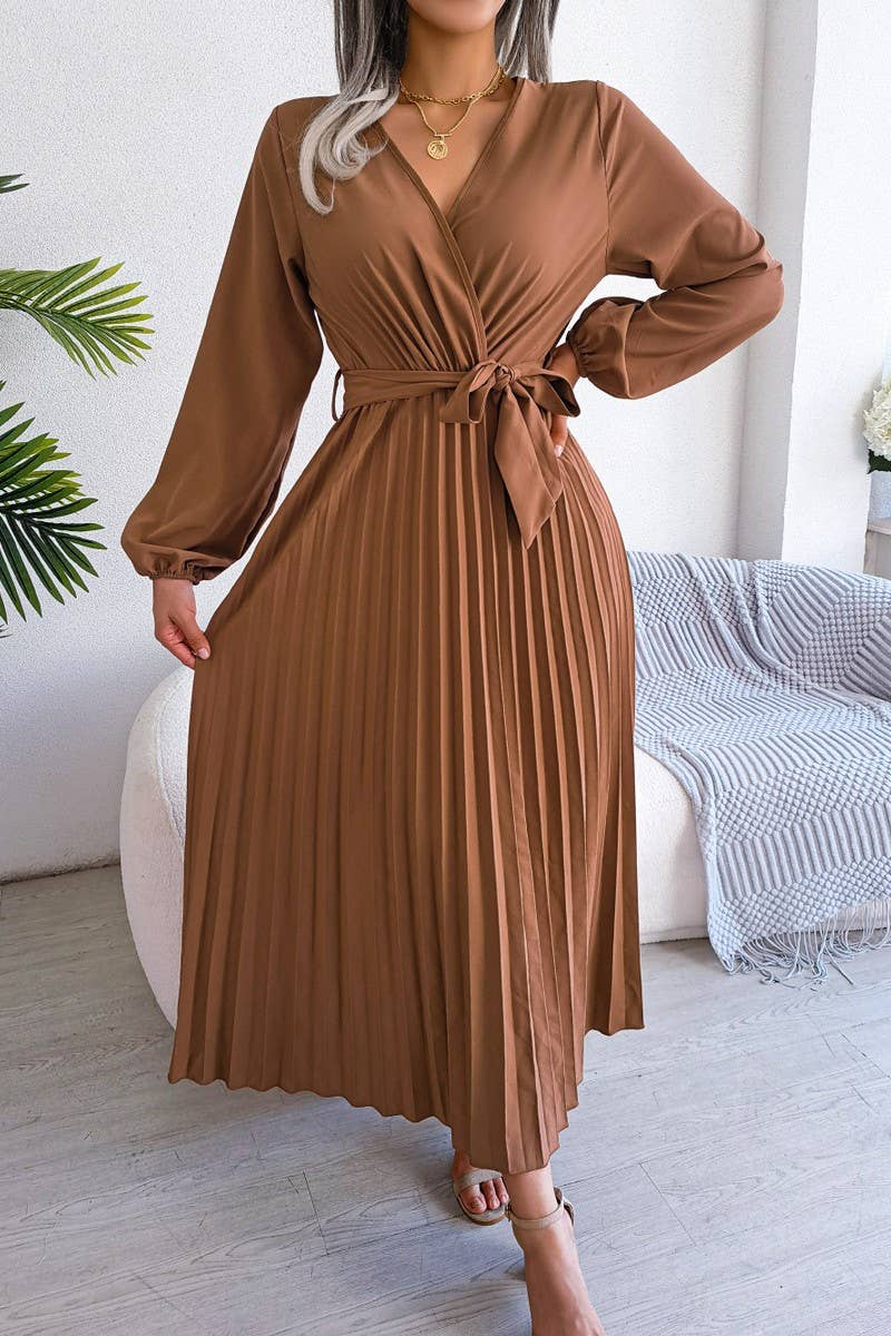 CROSSOVER V NECK PLEATED MAXI DRESS_CWDMD1174
