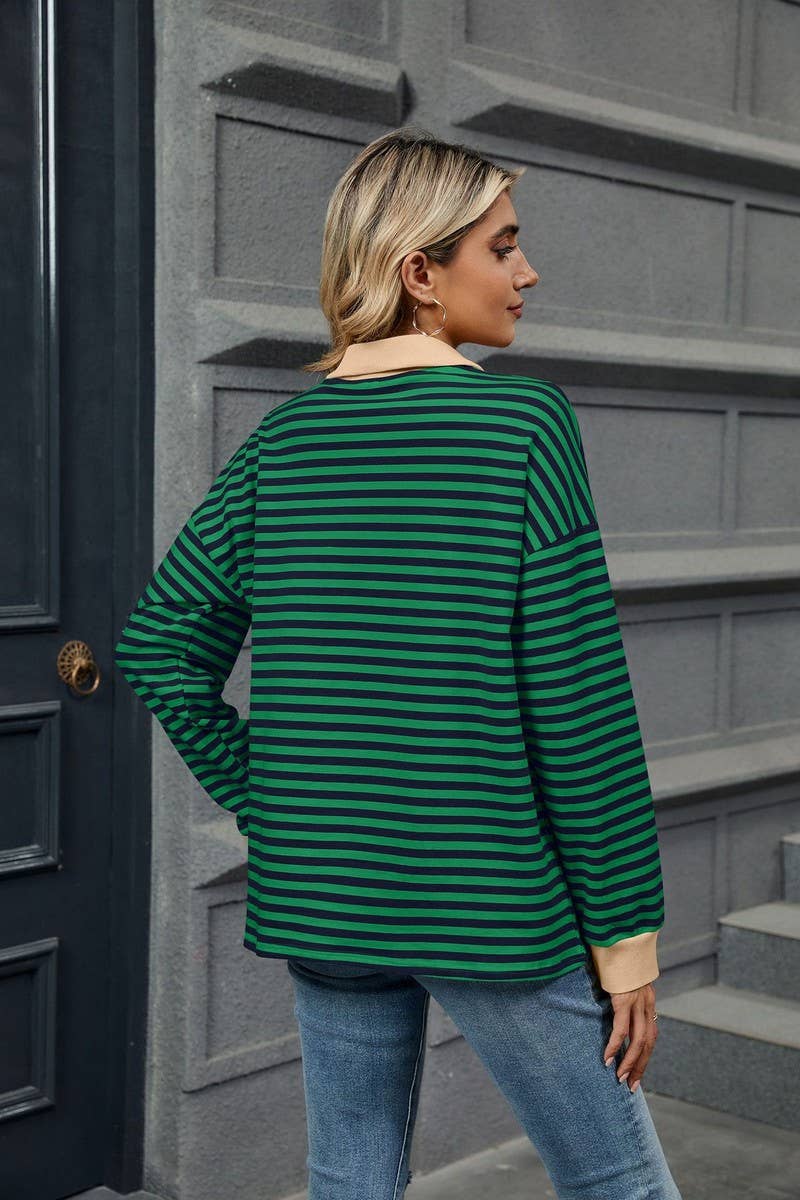 CWTBLL2361_CONTRAST COLOR LAPEL LOOSE STRIPED SWEATSHIRT