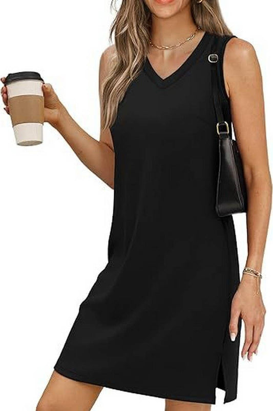 CWDSD8777_V-NECK SLEEVELESS BOTTOM SLIT SOLID COLOR VEST DRE