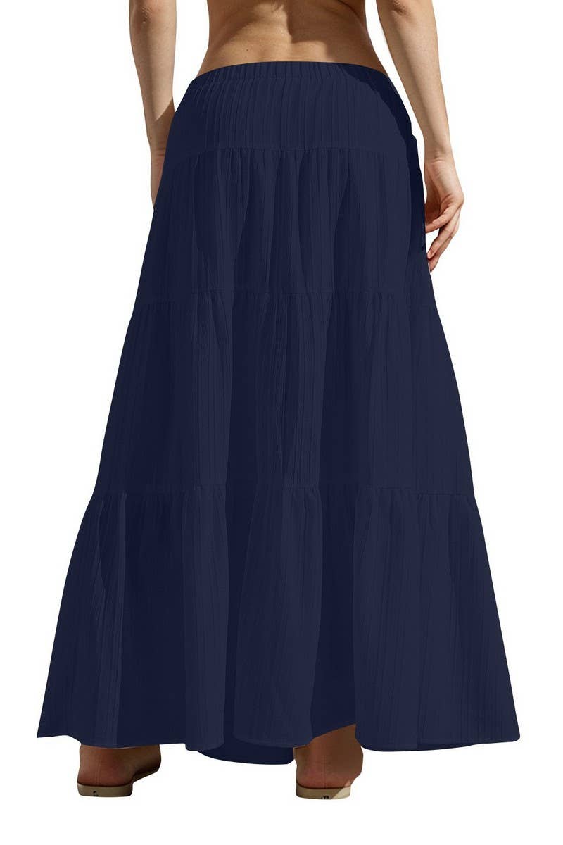 CWBLS0558 _SOLID COLOR STITCHING ELASTIC WAIST MAXI SKIRT