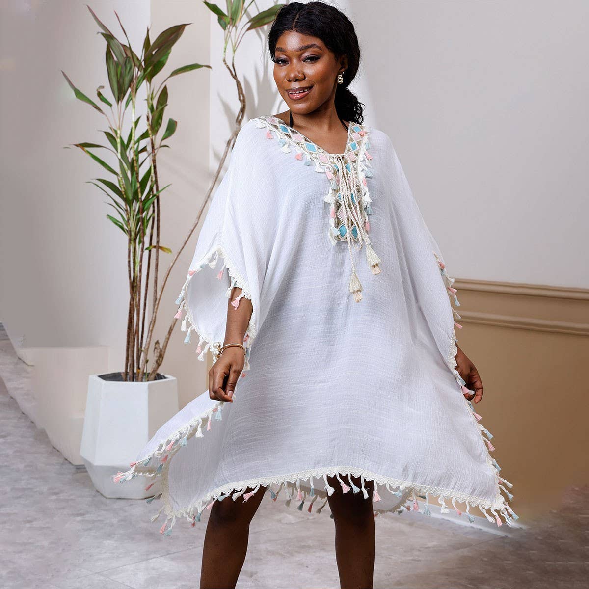 Sexy Beach Cover Up with Tassels and Gold Trim
