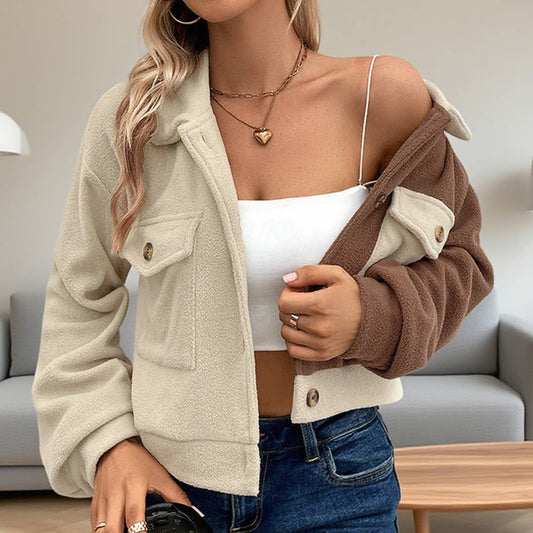 Color matching lapel short polar fleece jacket