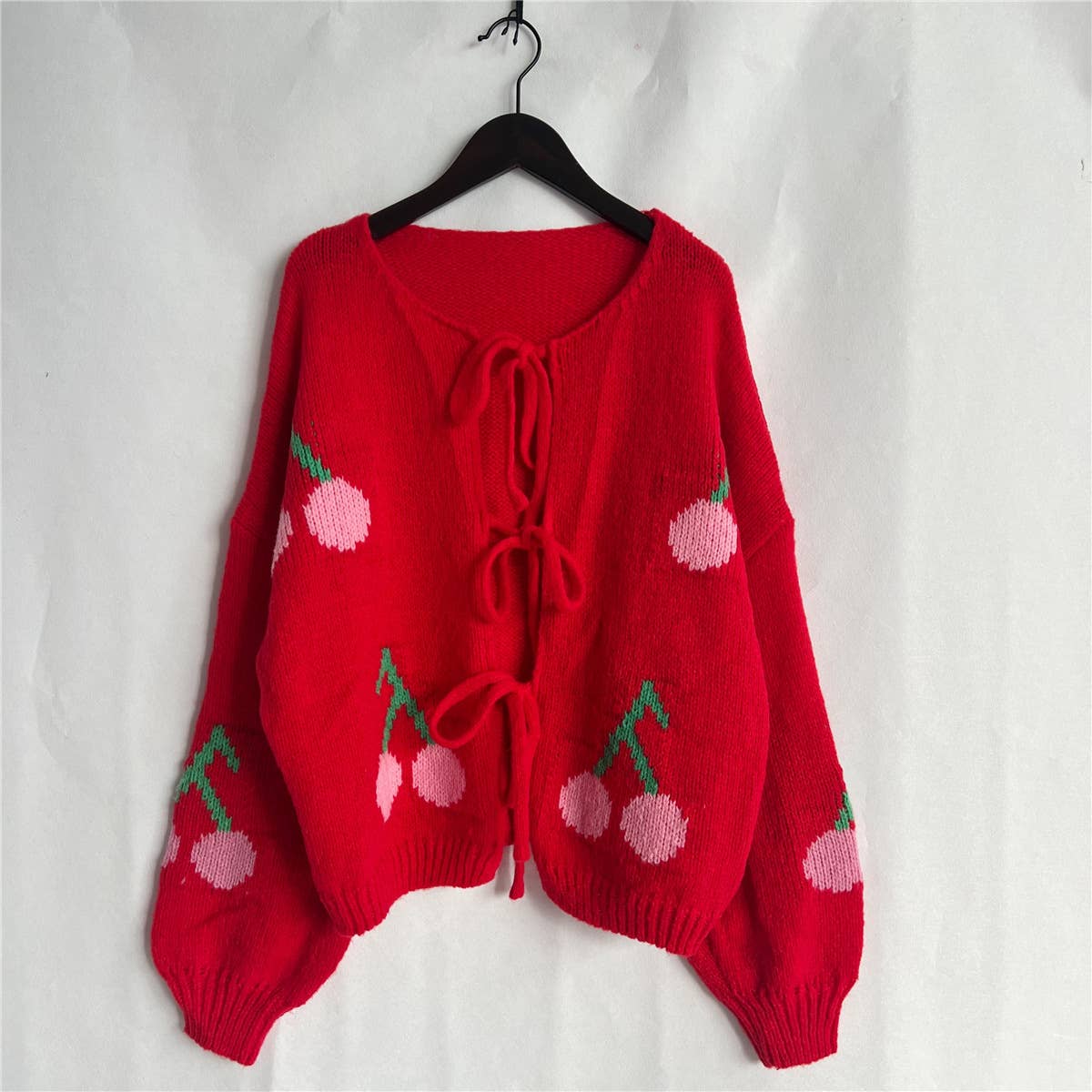 Cherry embroidery jacquard lace-up cardigan