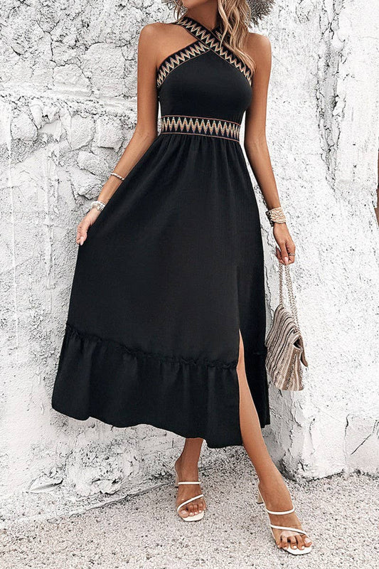 CWDTD0413_HIGH WAIST HALTER NECK CONTRAST COLOR SLIT DRESS