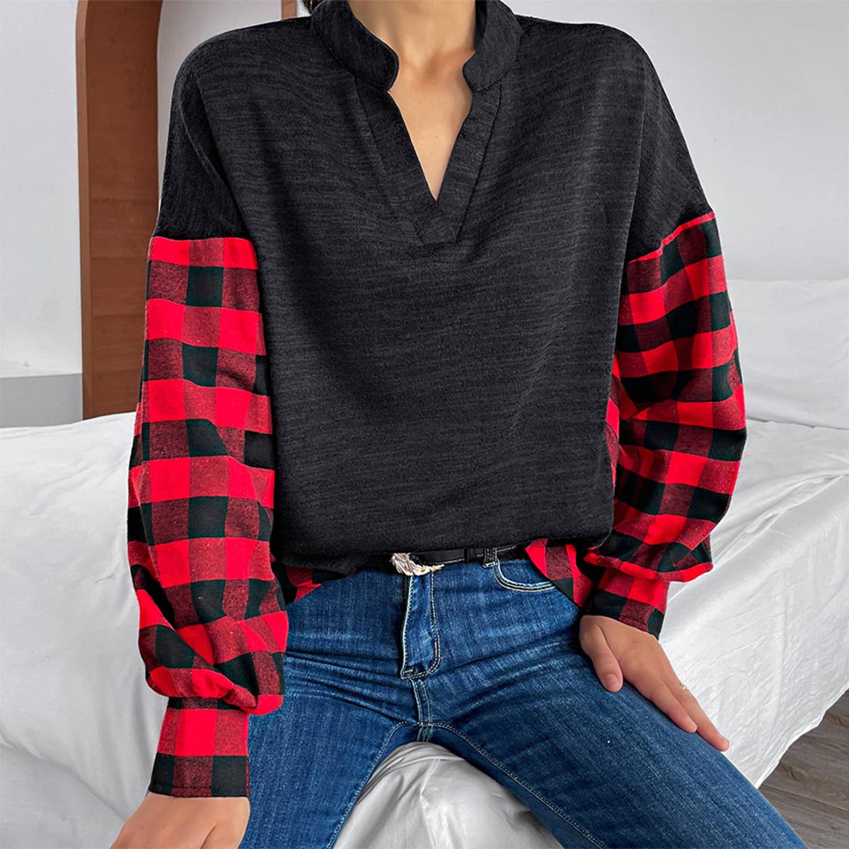 Classic casual patchwork plaid long-sleeved top