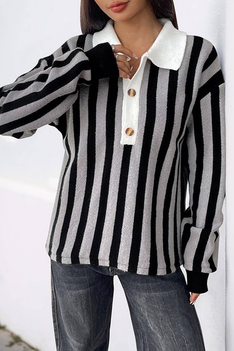CWOSWL07129_VERTICAL STRIPED LAPEL KNITTED PULLOVER SWEATER