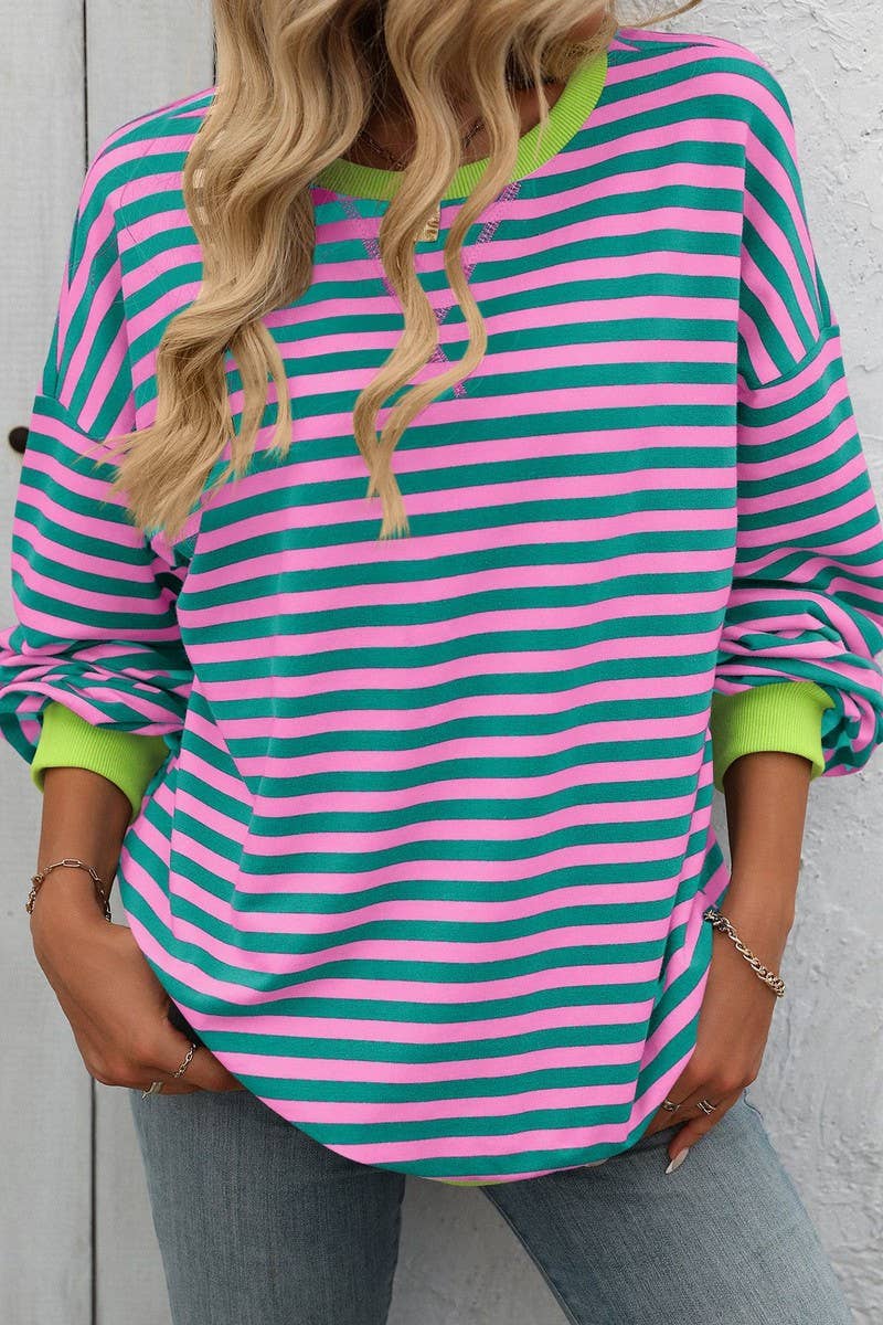 WTBLL1485_COLORFUL STRIPED CREW NECK LOOSE SWEATSHIRT