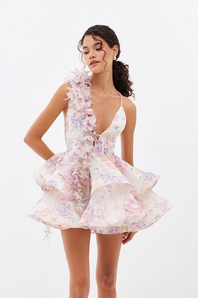 CWDSD8559_SLIM FIT V-NECK HALTER BACKLESS FLORAL SKIRT DRESS