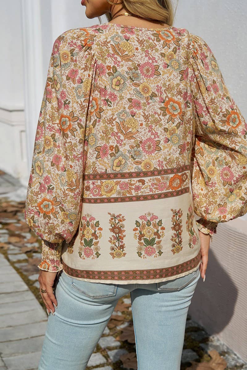 CWTBLL3942_BOHO V-NECK TIE FRONT PRINTED LONG SLEEVE BLOUSE