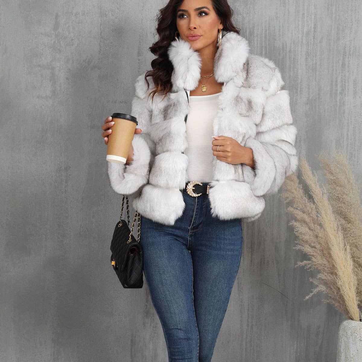 Women?™s Faux Fur Zip-Up Short Coat Stand Collar_CWMM9121