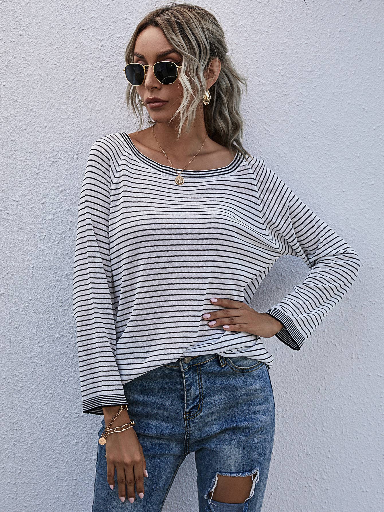CWOSWL1153_Long Sleeve Round Neck Pullover Striped Sweater