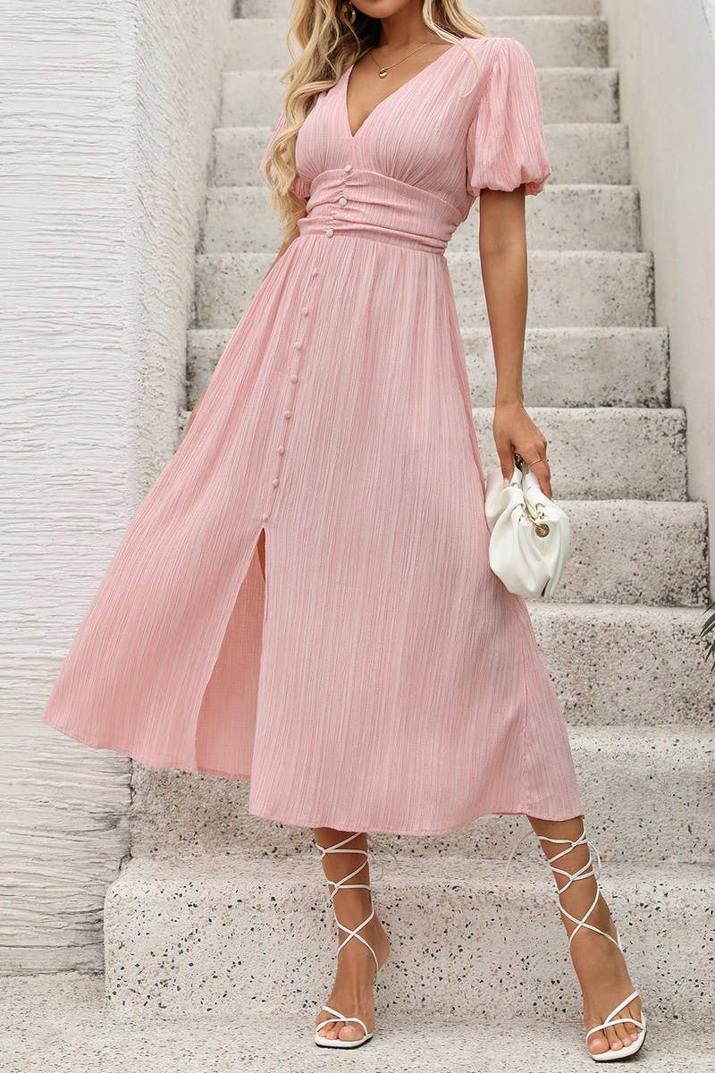 CWDMD5323_SOLID TEXTURED V-NECK DRESS WITH FRONT SLIT