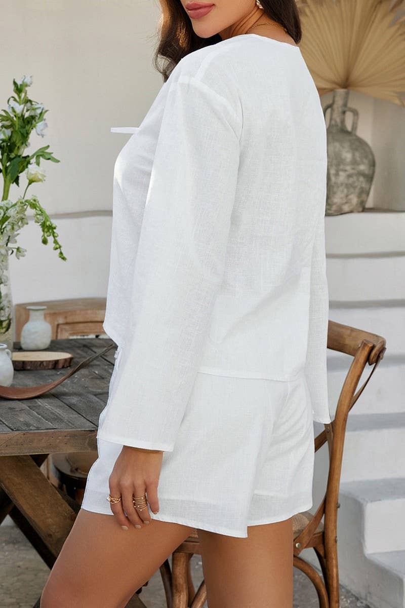 CWSTB1576_SOLID COLOR CARDIGAN LONG-SLEEVED TOP SHORTS SET