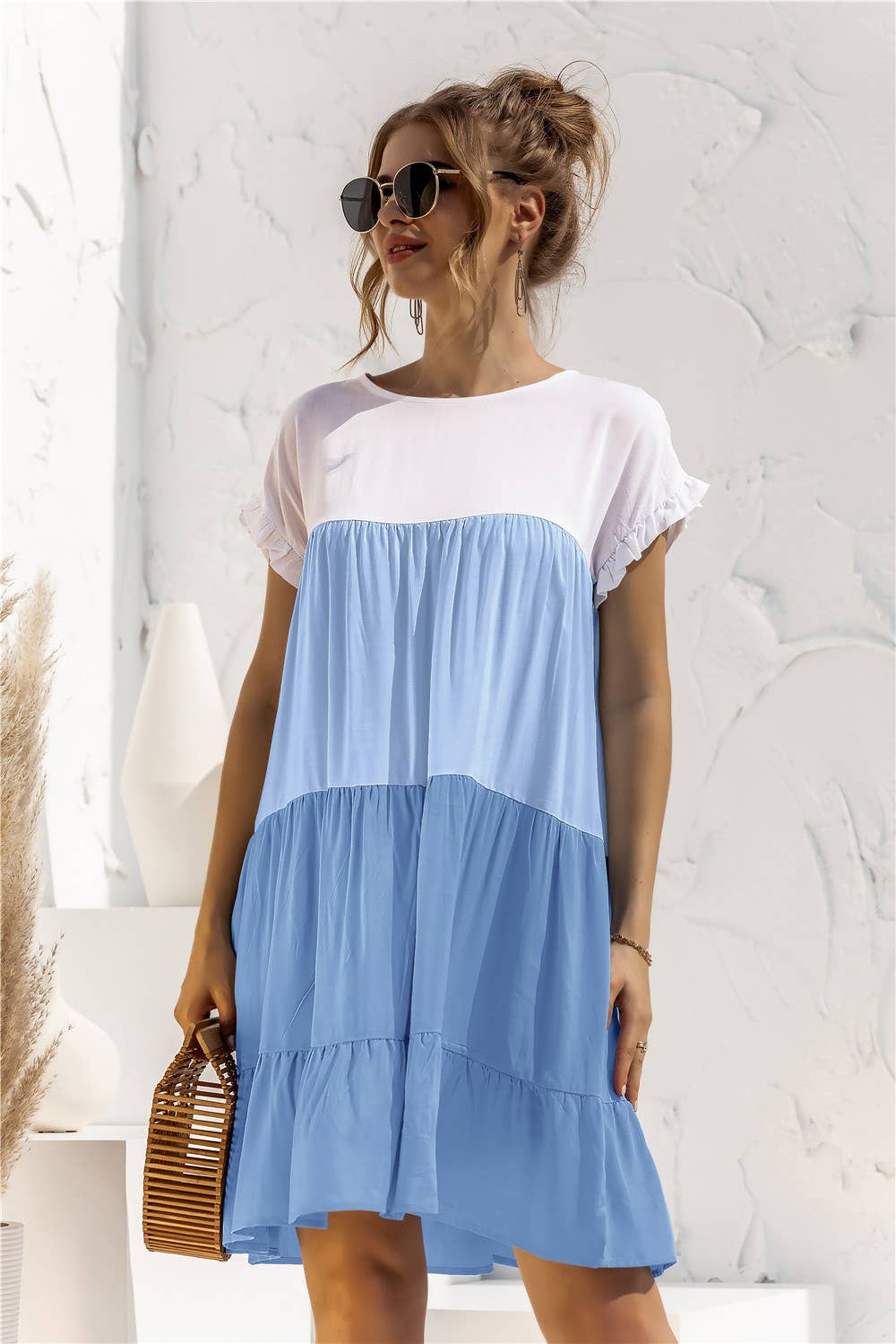 Color contrast baggy cake multi-layer hem dress