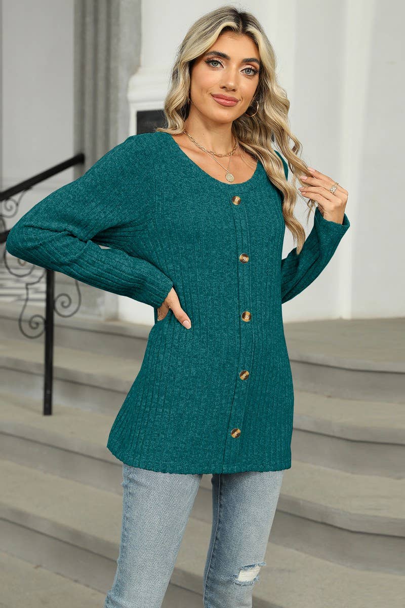 CWOSWL6831_SINGLE-BREASTED ROUND NECK LONG-SLEEVED LOOSE TOP