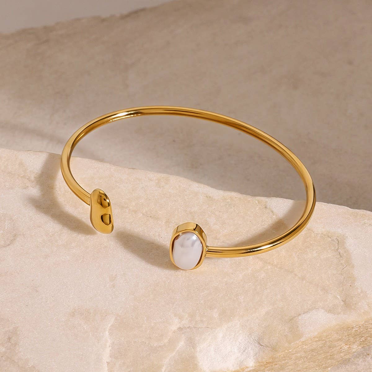 Elegant Pearl Open Cuff Bracelet in StainlessSteel