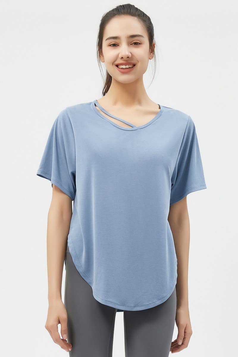CWTBLS1469_LOOSE SHORT-SLEEVED SOLID COLOR SPORTS TOP