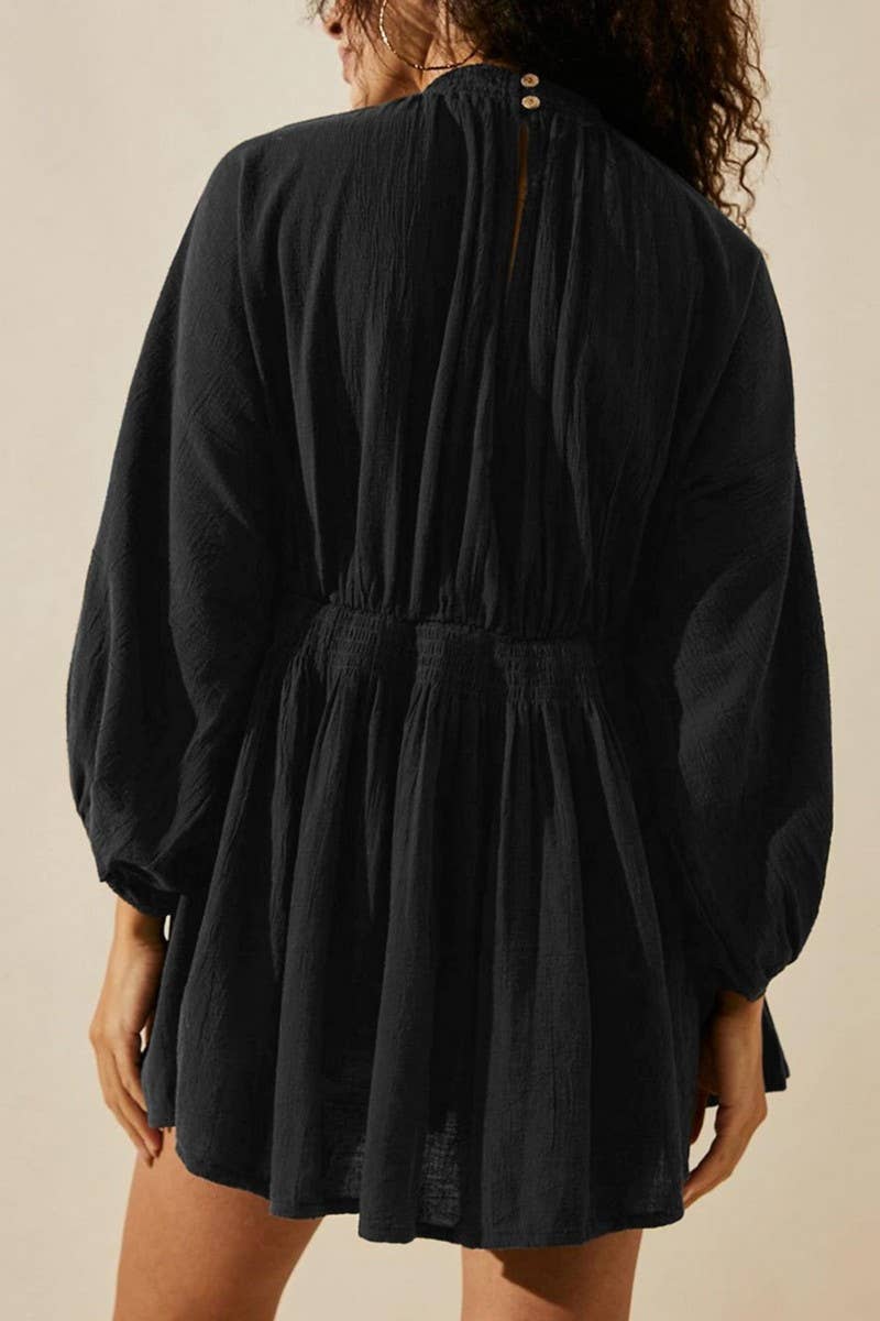 CWDSD8849_V-NECK LONG SLEEVE A-LINE PLEATED DRESS