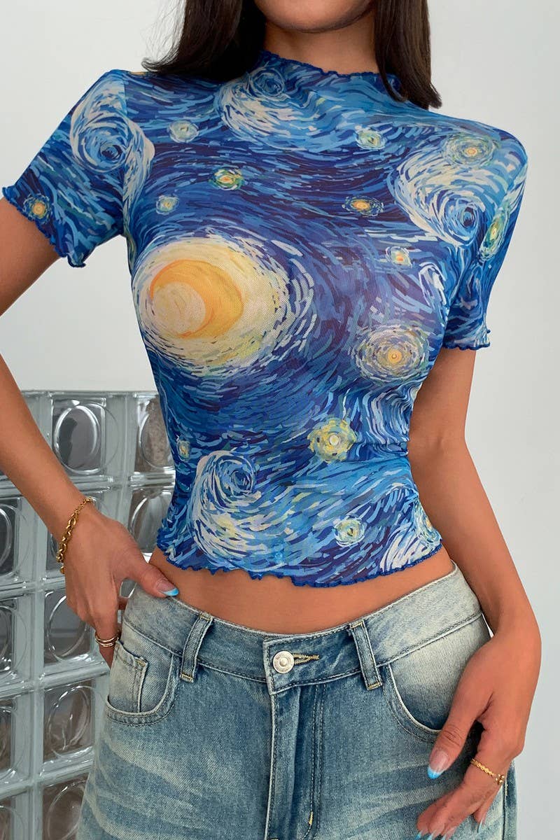 CWTBLS2108_STYLISH BLUE PRINTED MOCK NECK MESH TOP