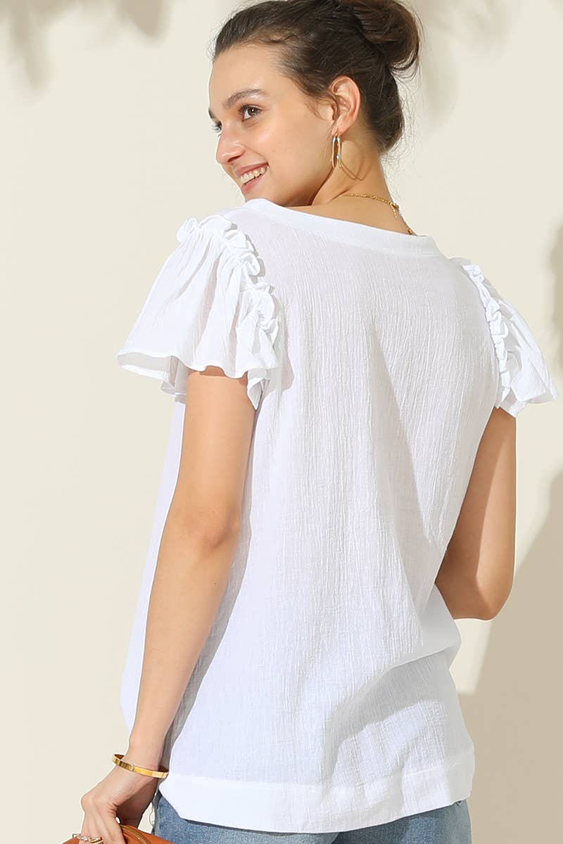 CWTBLS203_R NECK FRILL SHORT SLEEVE BLOUSE TOP
