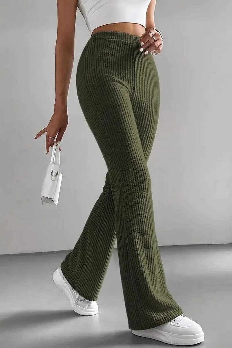 CWBLP1118_SOLID RIBBED SLIM-FIT KNIT BOOTCUT PANTS